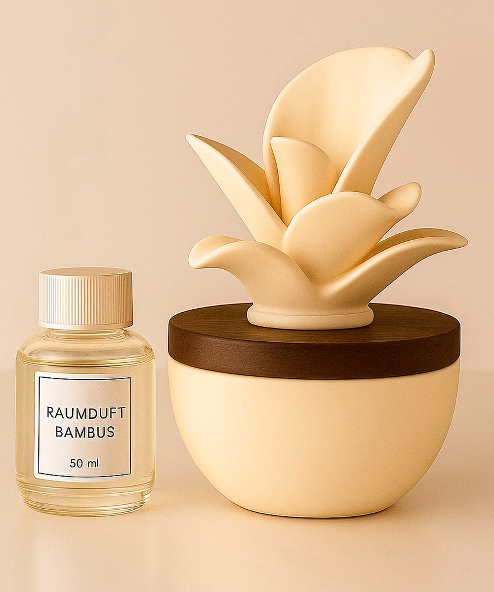 Raumduft-Set mit weißer Keramikblüte & Holztopper – Dein Duftreich