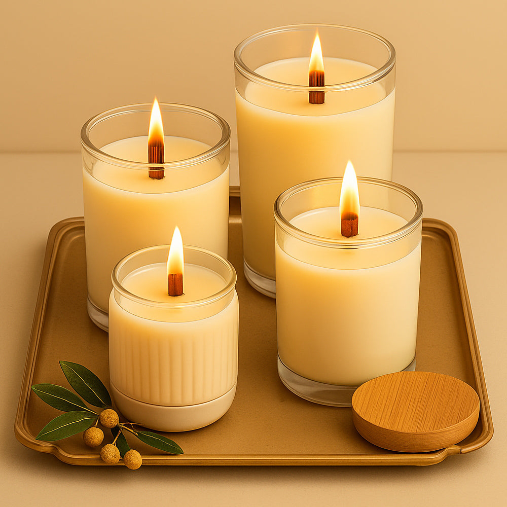 Vier brennende Kerzen mit Holzdocht aus natürlichem Sojawachs stehen auf einem goldenen Tablett. Die Szene ist in warmen Beigetönen gehalten und wird von sanftem Kerzenlicht erleuchtet - elegant, harmonisch und stimmungsvoll dekoriert mit grünen Blättern.