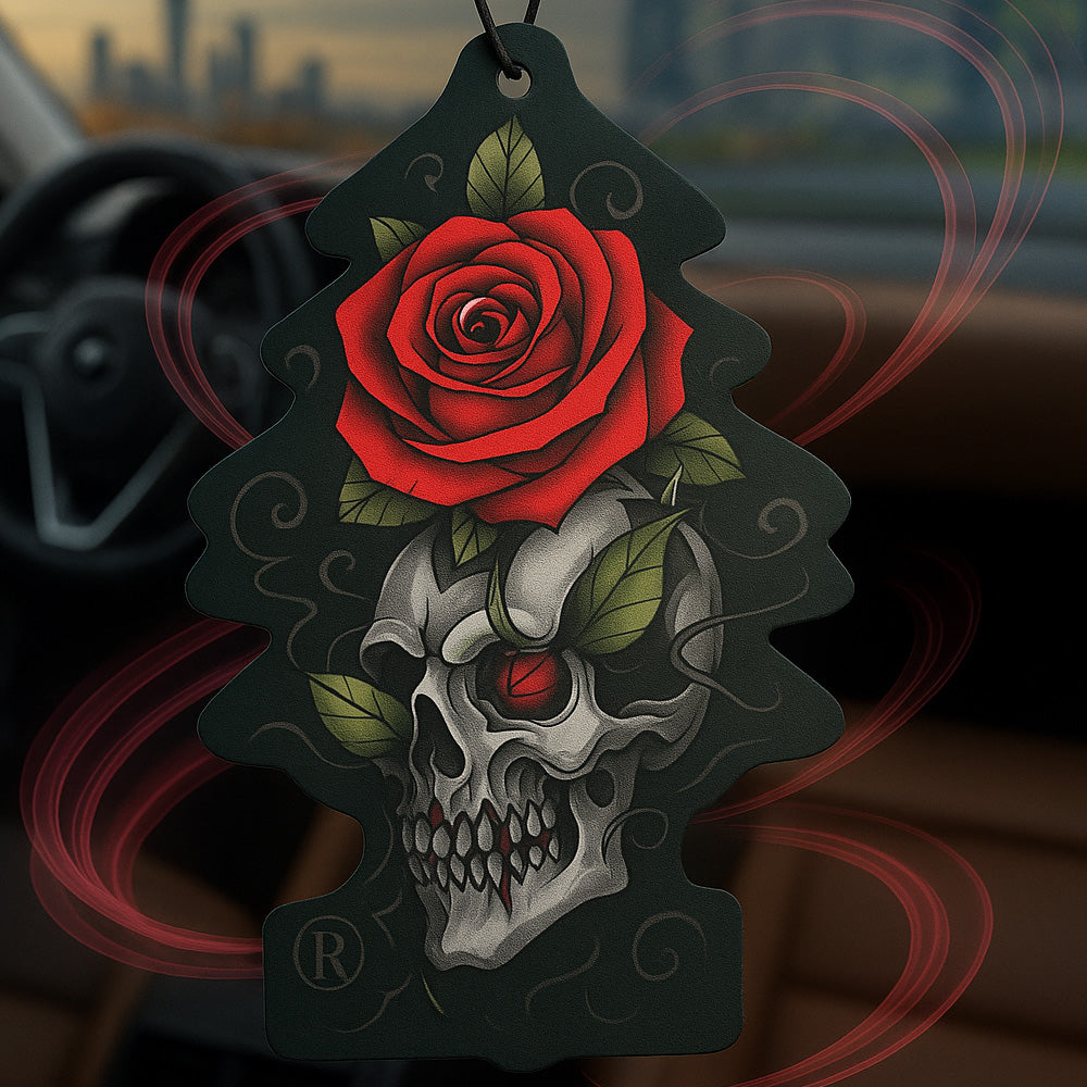 Auto Duftbaum mit Totenkopf und Rose - stylischer Lufterfrischer im Gothic-Design für einen einzigartigen Duft im Auto.