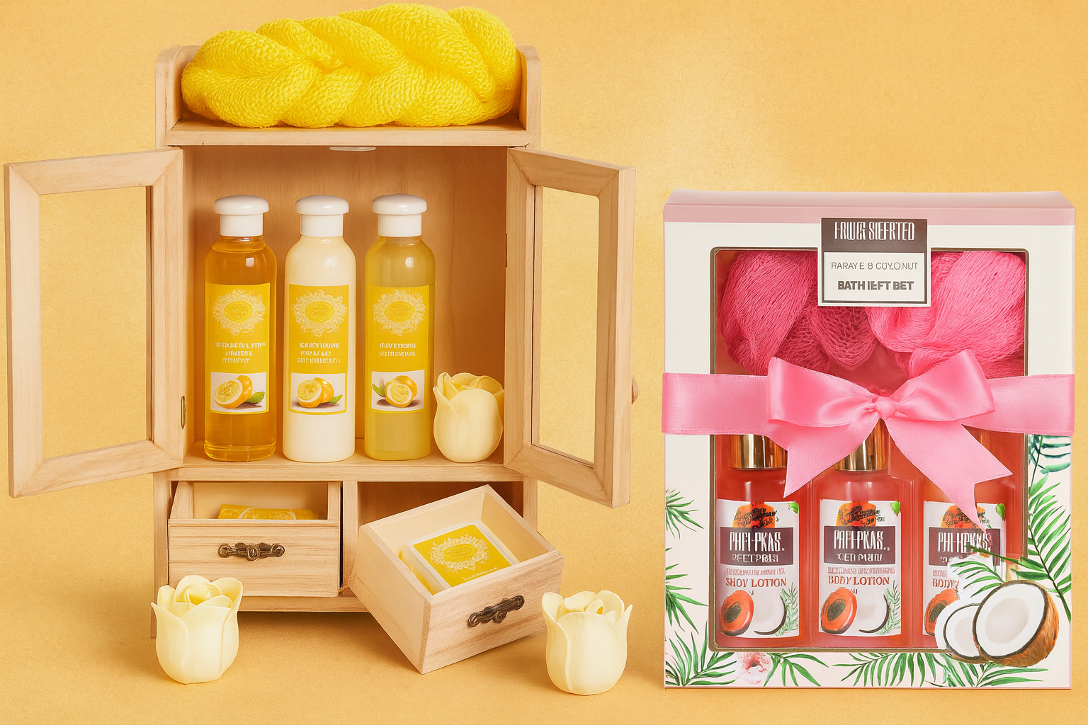 XXL Bade- und Duschset im Holzschränkchen – dekorative Geschenkidee mit Pflegeprodukten