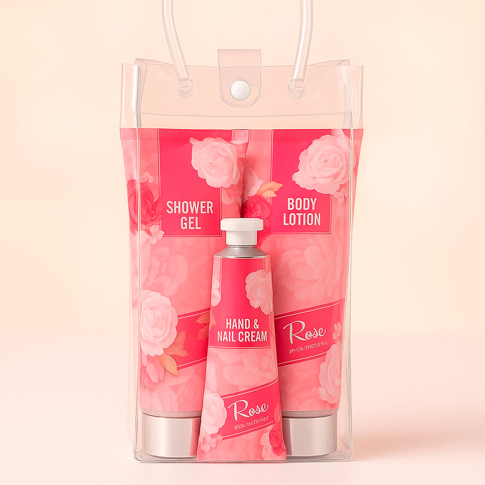 Geschenkset Körperpflege in transparenter Tasche, verschiede Duftsorten