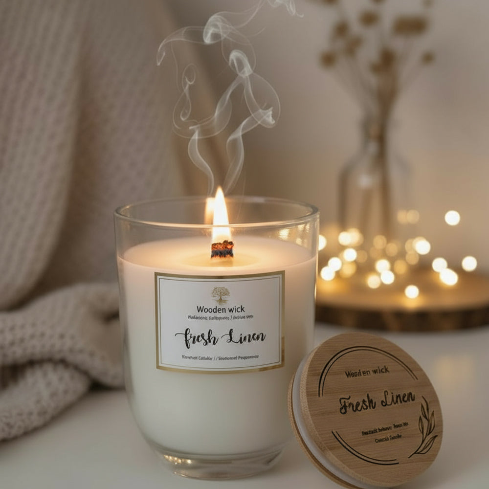 Duftkerze mit Holzdocht Fresh Linen - frischer Wäscheduft, natürliche Sojakerze im Glas mit Holzdeckel.