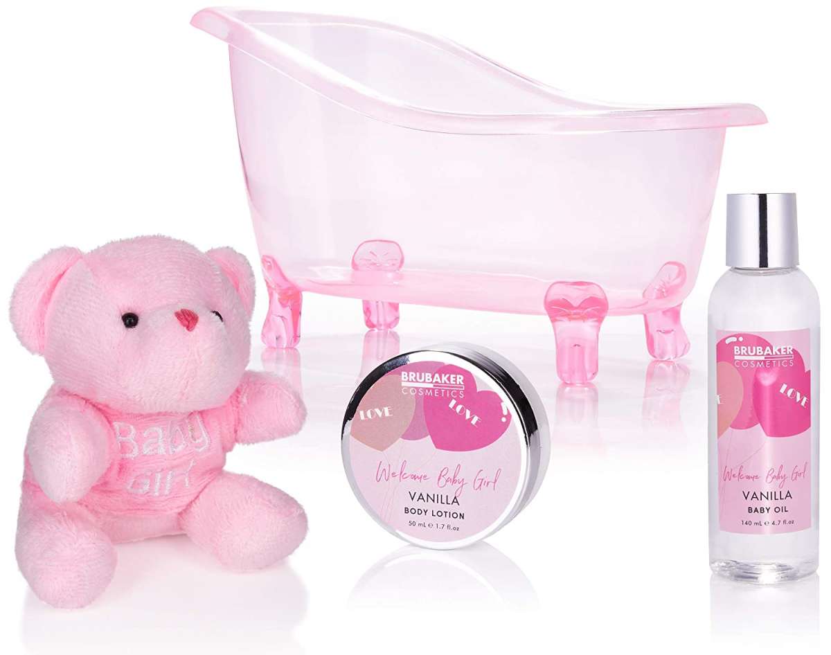 7-tlg. Baby Pflege-Geschenkset mit Wanne & Plüschbär l Willkommen Baby