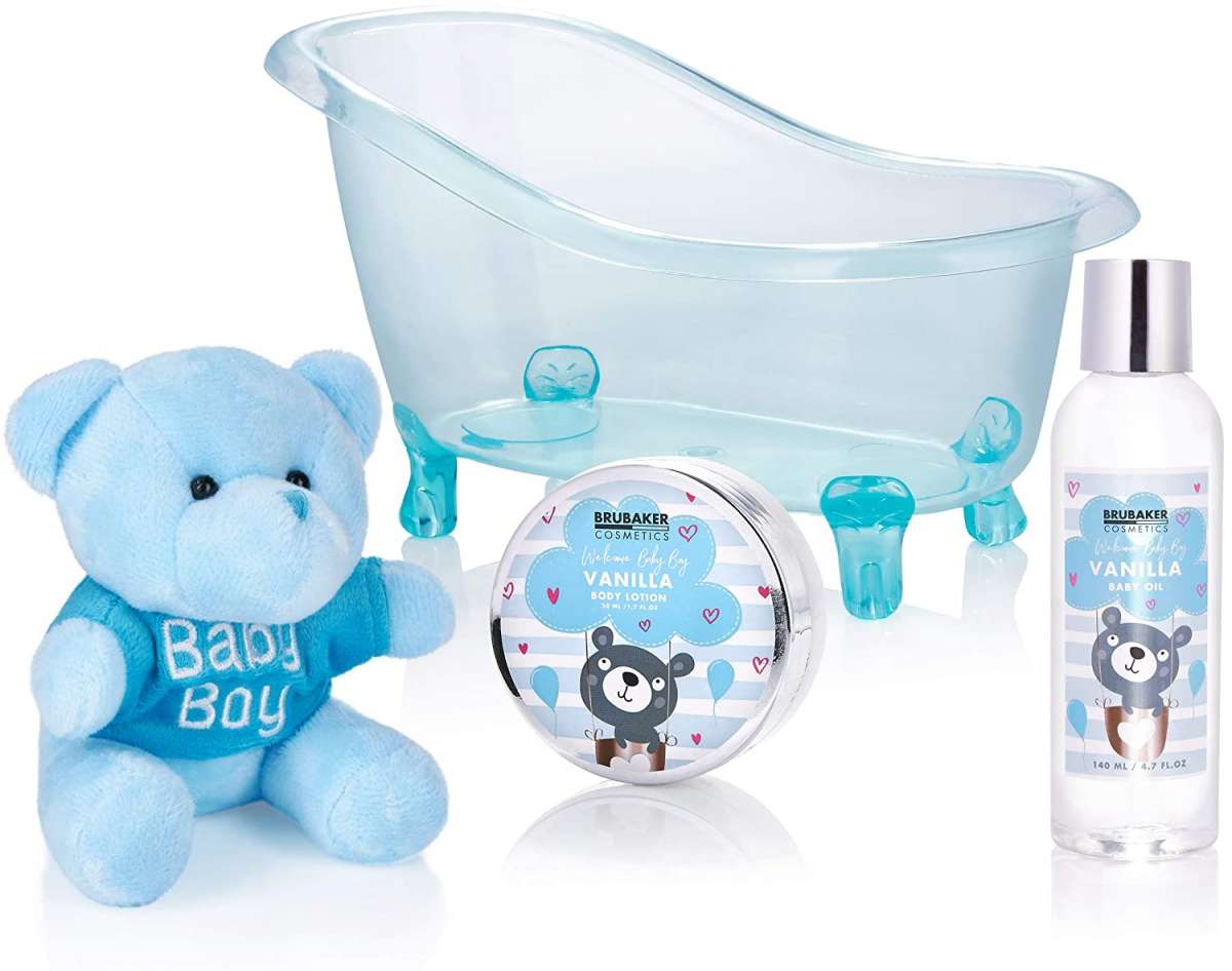 7-tlg. Baby Pflege-Geschenkset mit Wanne & Plüschbär l Willkommen Baby