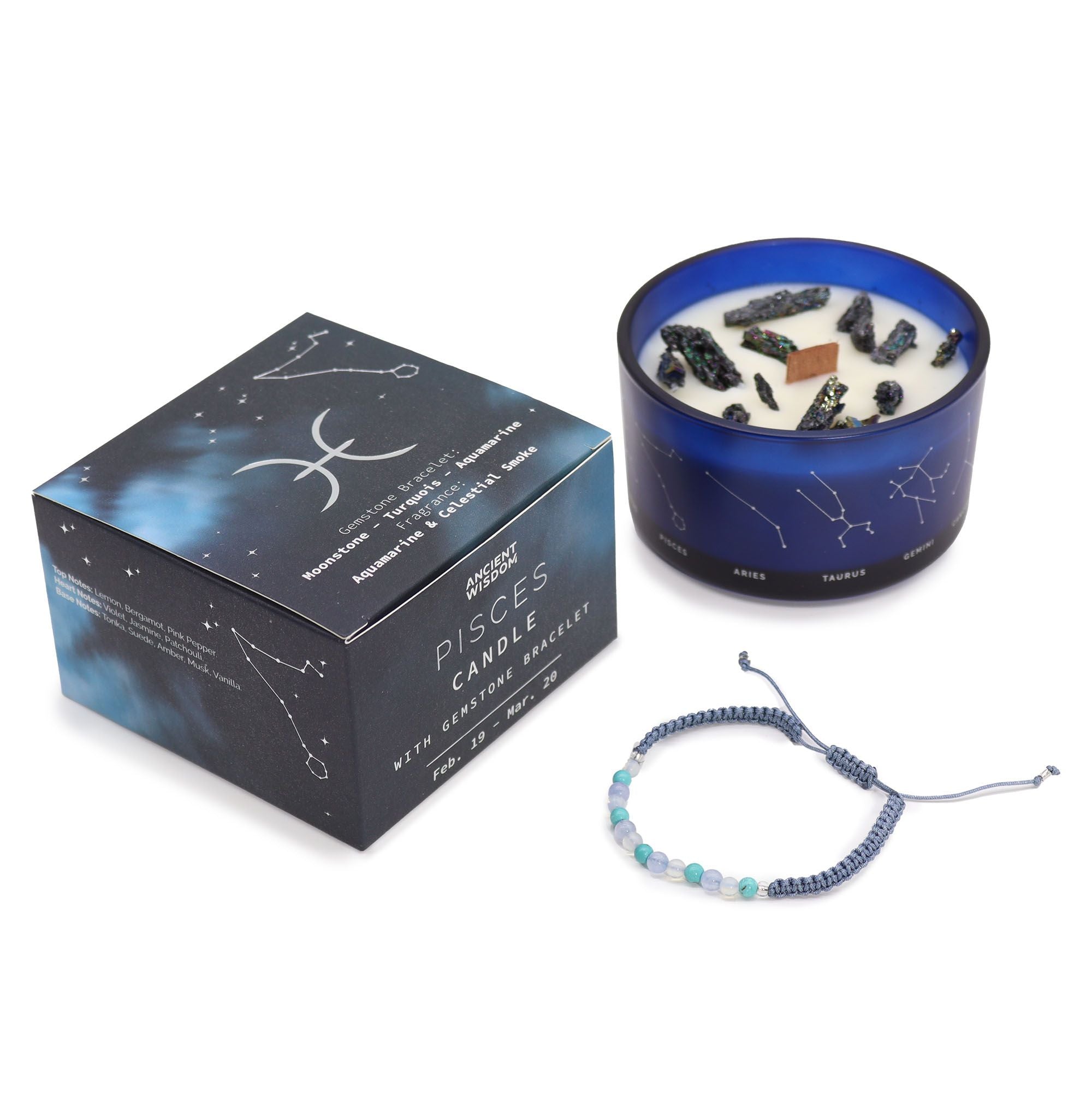 Kristallkerze Fische – Sternzeichenkerze mit Edelsteinarmband