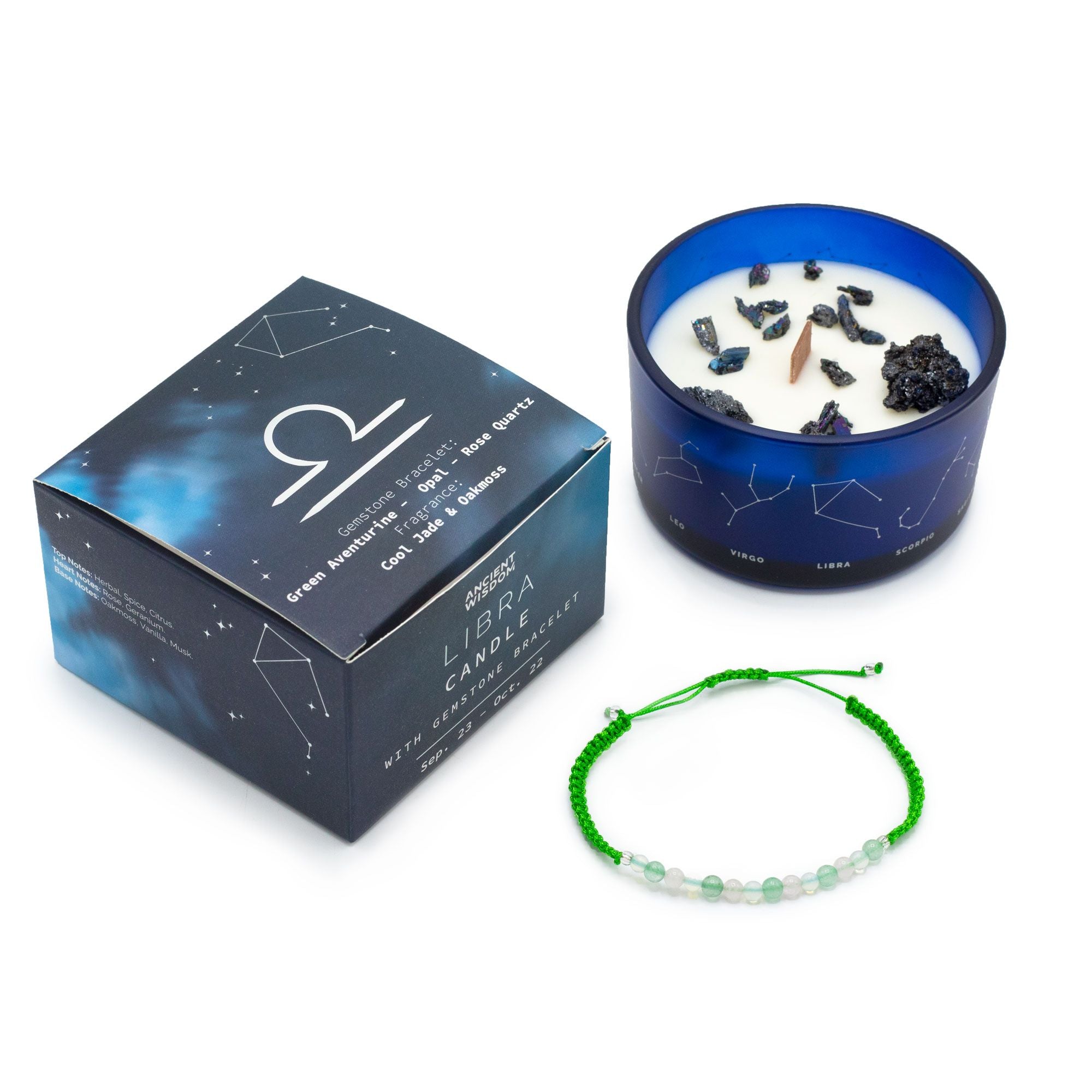 Kristallkerze Waage – Sternzeichenkerze mit Edelsteinarmband