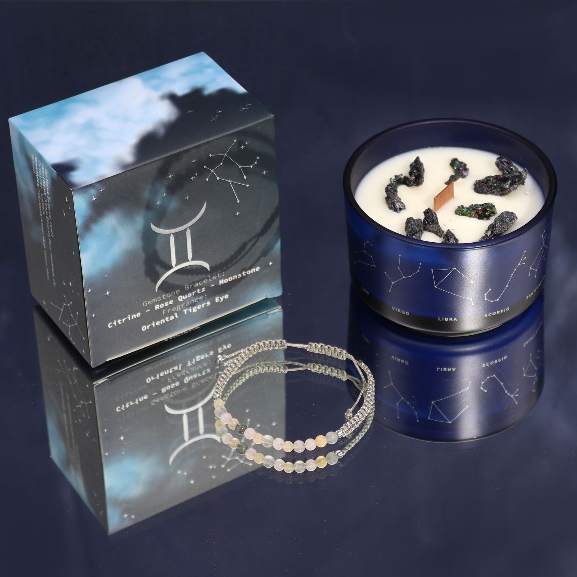 Kristallkerze Zwillinge – Sternzeichenkerze mit Edelsteinarmband