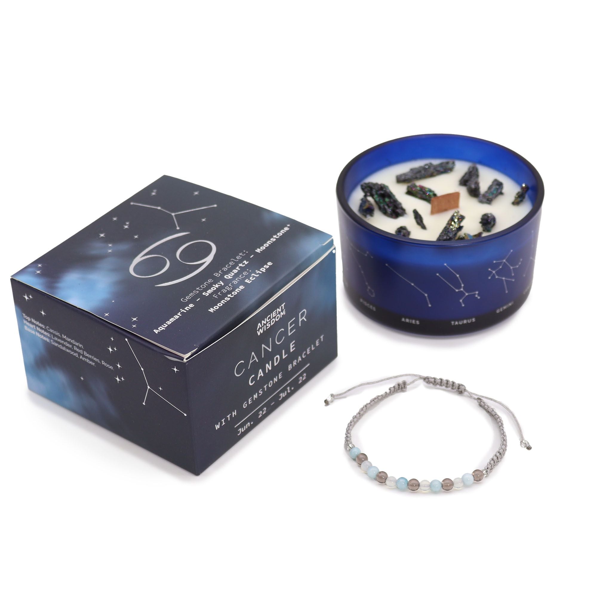 Kristallkerze Krebs – Sternzeichenkerze mit Edelsteinarmband