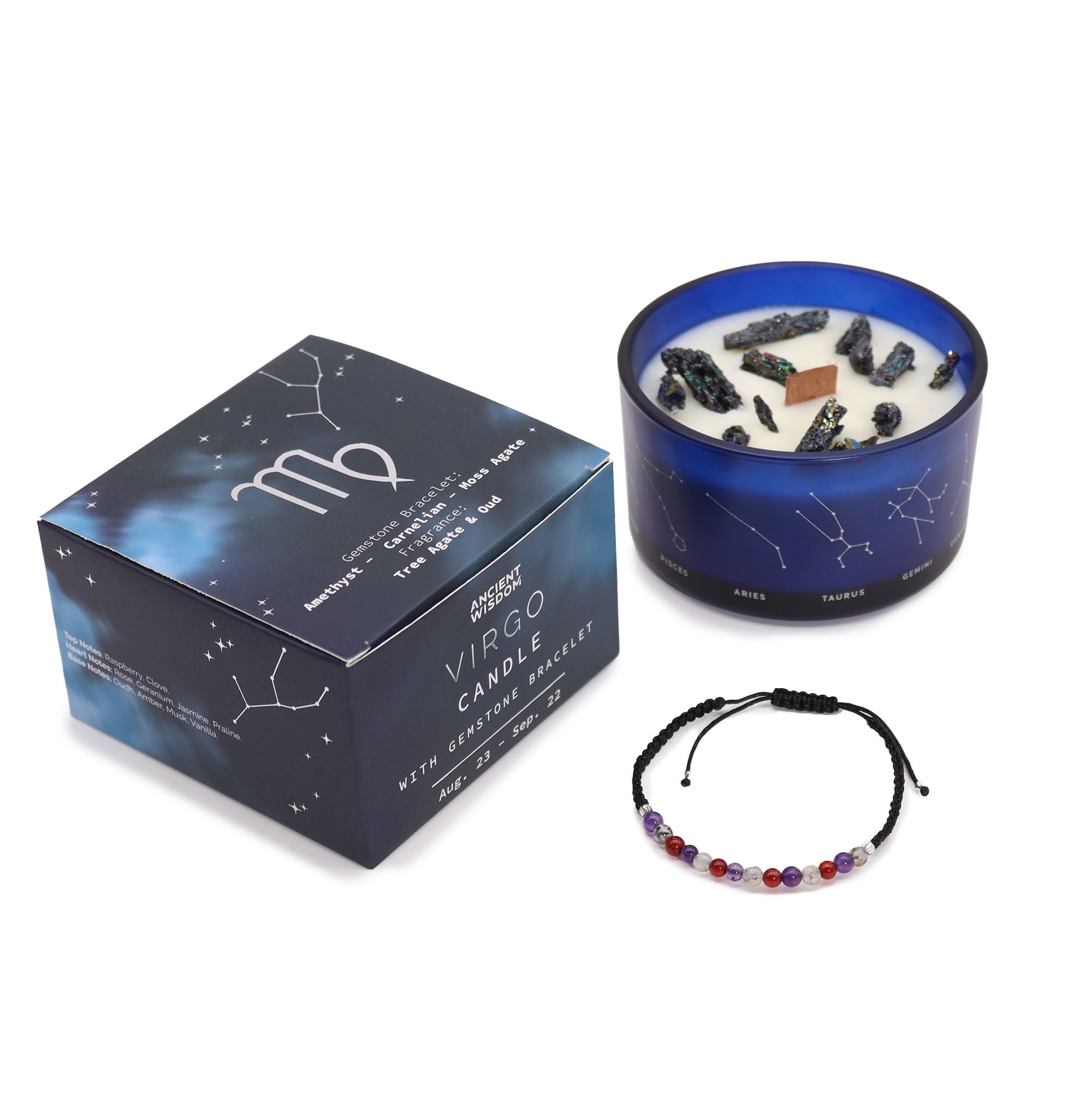 Kristallkerze Jungfrau – Sternzeichenkerze mit Edelsteinarmband