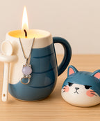 Schmuck Duftkerze - Juwelkerze mit Motiv Katze, in Keramiktasse mit Deckel und Löffel