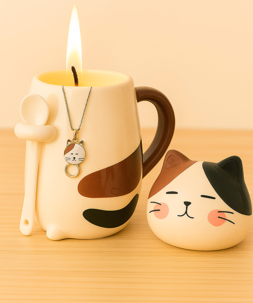Schmuck Duftkerze - Juwelkerze mit Motiv Katze, in Keramiktasse mit Deckel und Löffel