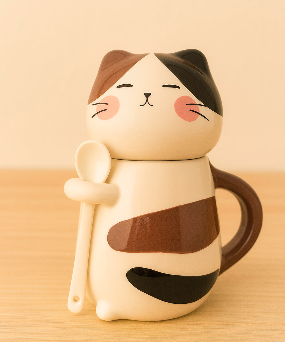 Schmuck Duftkerze - Juwelkerze mit Motiv Katze, in Keramiktasse mit Deckel und Löffel