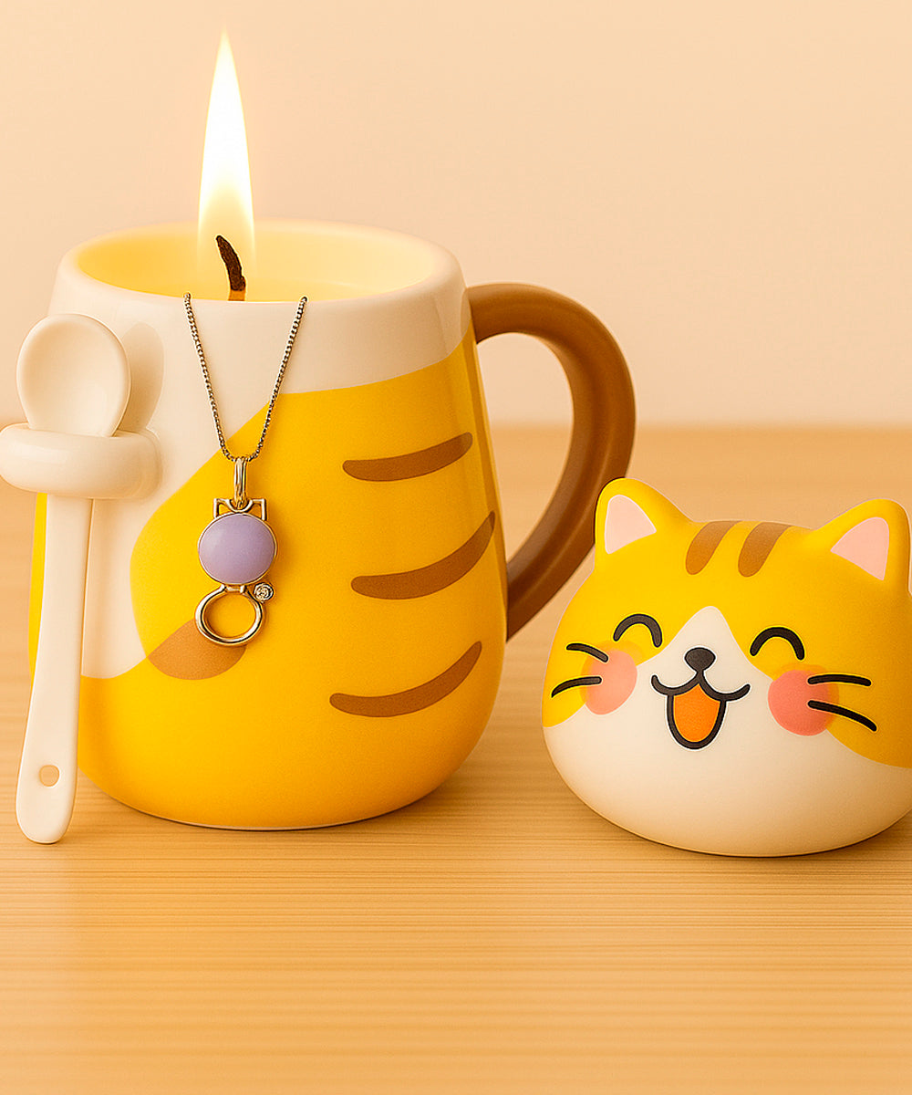 Schmuck Duftkerze - Juwelkerze mit Motiv Katze, in Keramiktasse mit Deckel und Löffel
