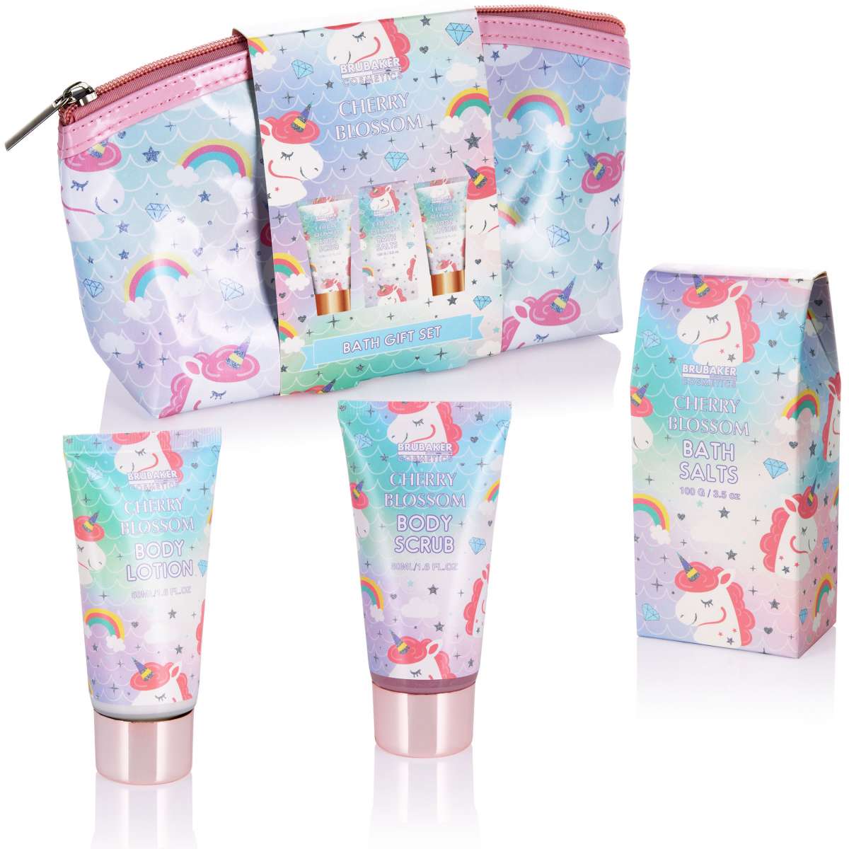 4-tlg. Einhorn Bade- & Duschset Cherry Blossom mit Kosmetiktasche - Geschenkset für Kinder & Einhorn-Fans
