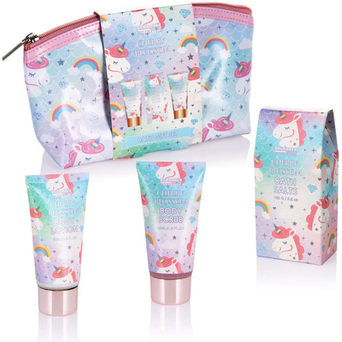 4-tlg. Einhorn Bade- & Duschset mit Kosmetiktasche l Kirschblüte