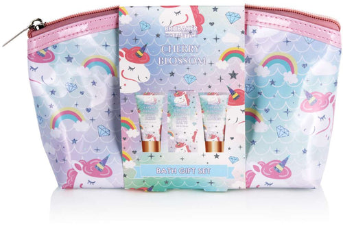4-tlg. Einhorn Bade- & Duschset mit Kosmetiktasche l Kirschblüte