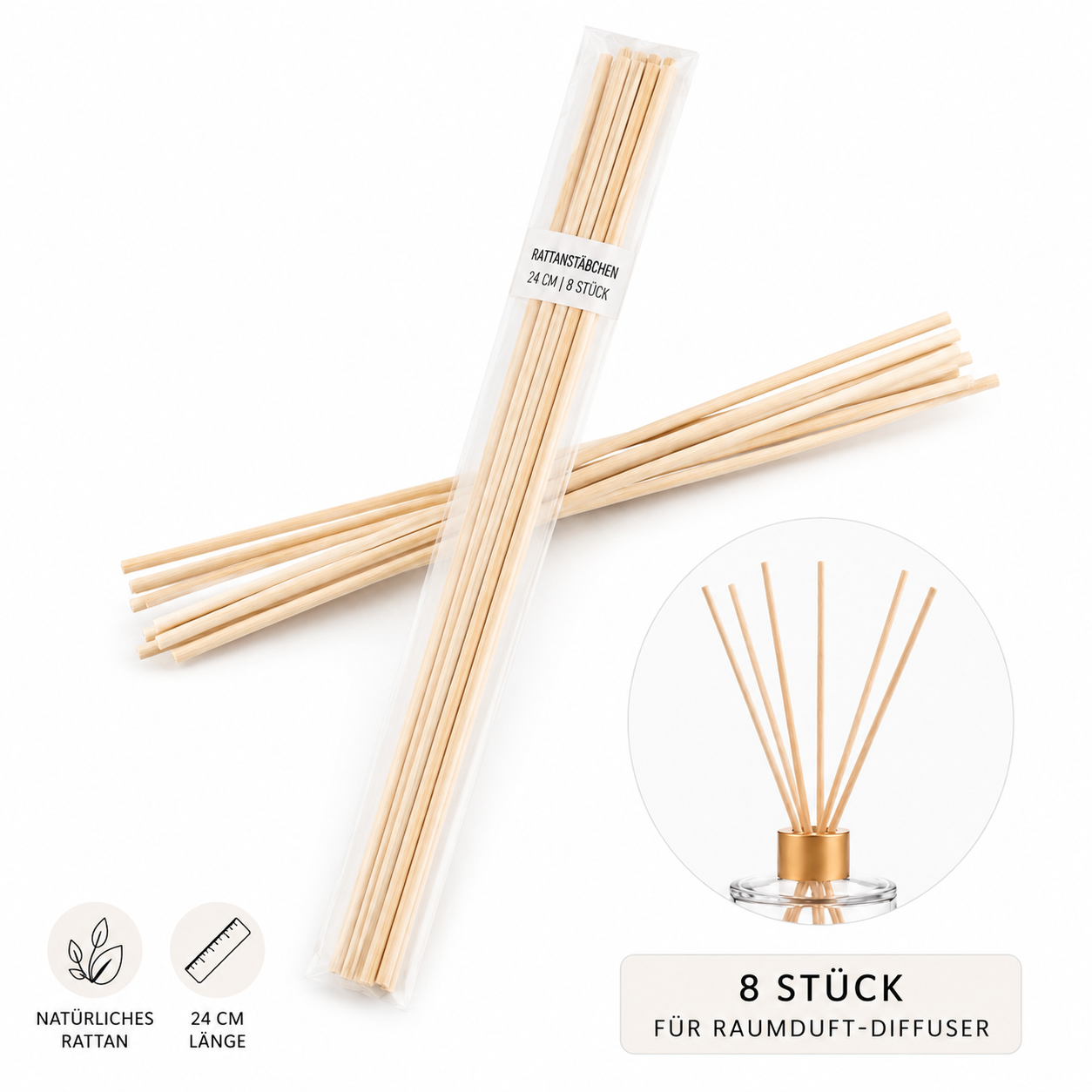 Rattanstäbchen für Raumduft-Diffuser | Ersatzstäbchen 24 cm – 8 Stück