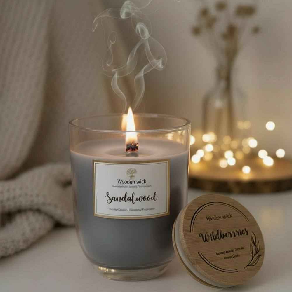 Duftkerze mit Holzdocht Sandalwood - warmer Sandelholzduft, elegante Kerze im Glas mit Holzdeckeldeckel.