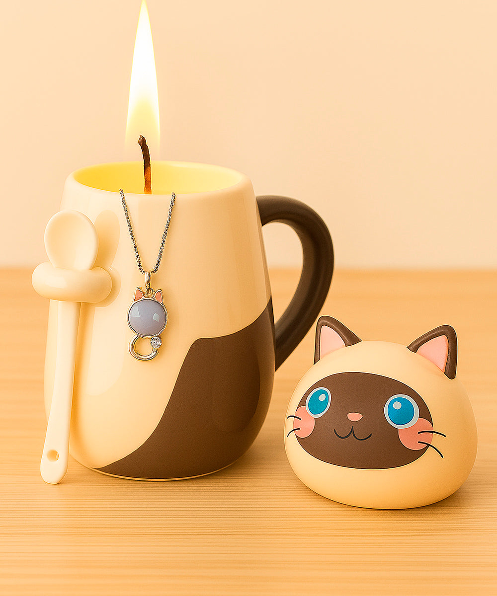 Schmuck Duftkerze - Juwelkerze mit Motiv Katze, in Keramiktasse mit Deckel und Löffel