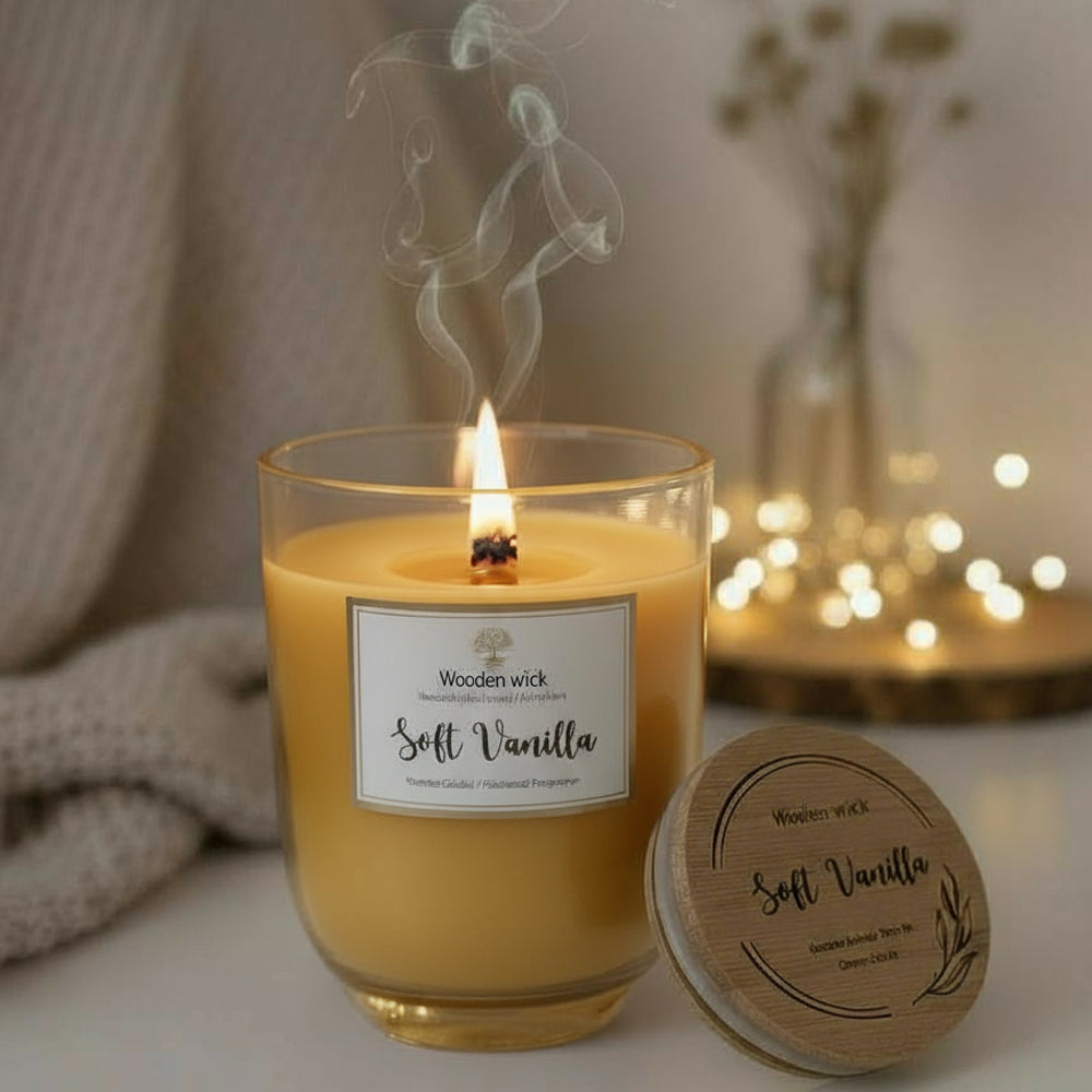 Duftkerze mit Holzdocht Soft Vanilla - süßer Vanilleduft, handgefertigte Sojawachskerze im Glas mit Holzdeckel.