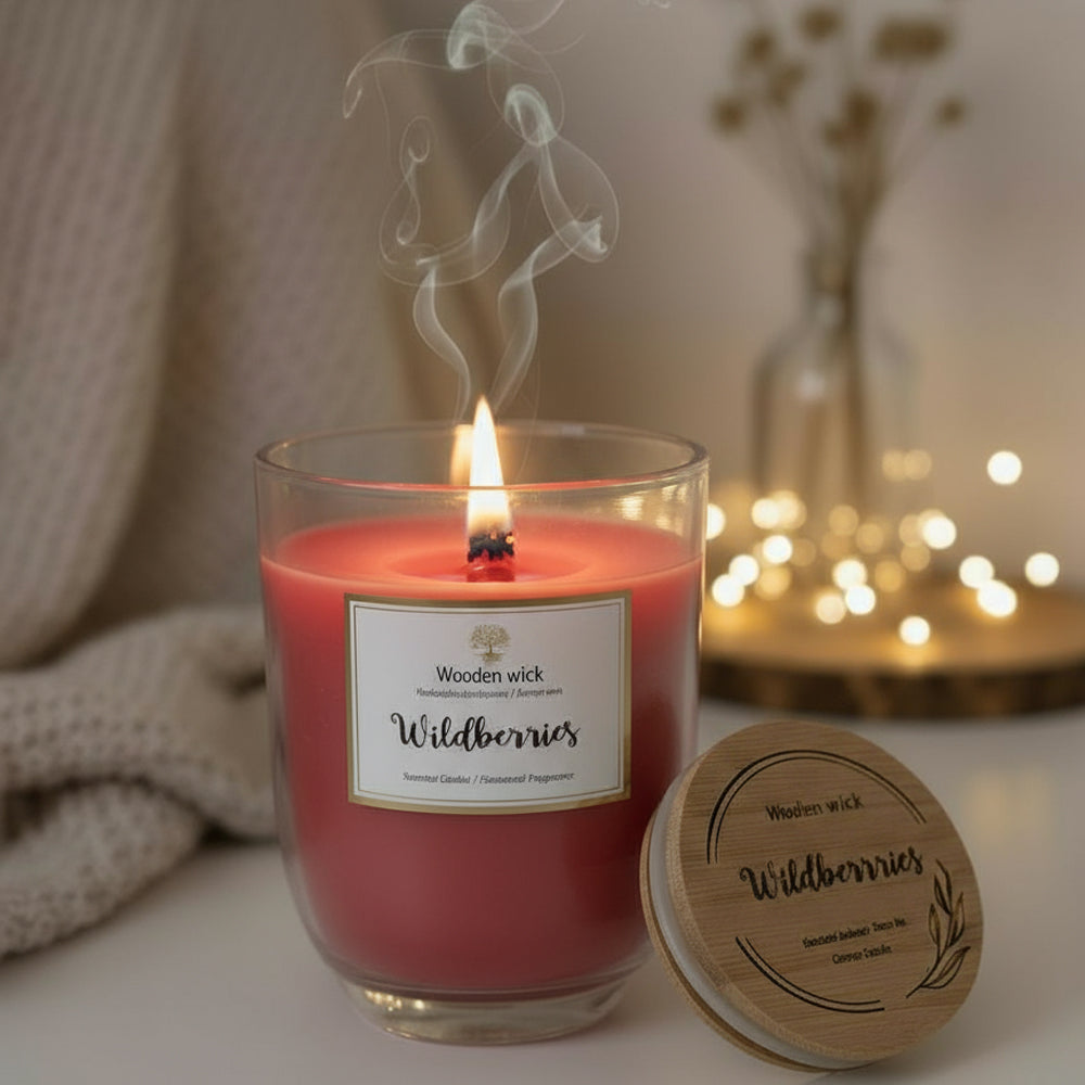 Duftkerze mit Holzdocht Wildberries - fruchtiger Beerenduft, handgegossen im Glas mit Holzdeckeldeckel.